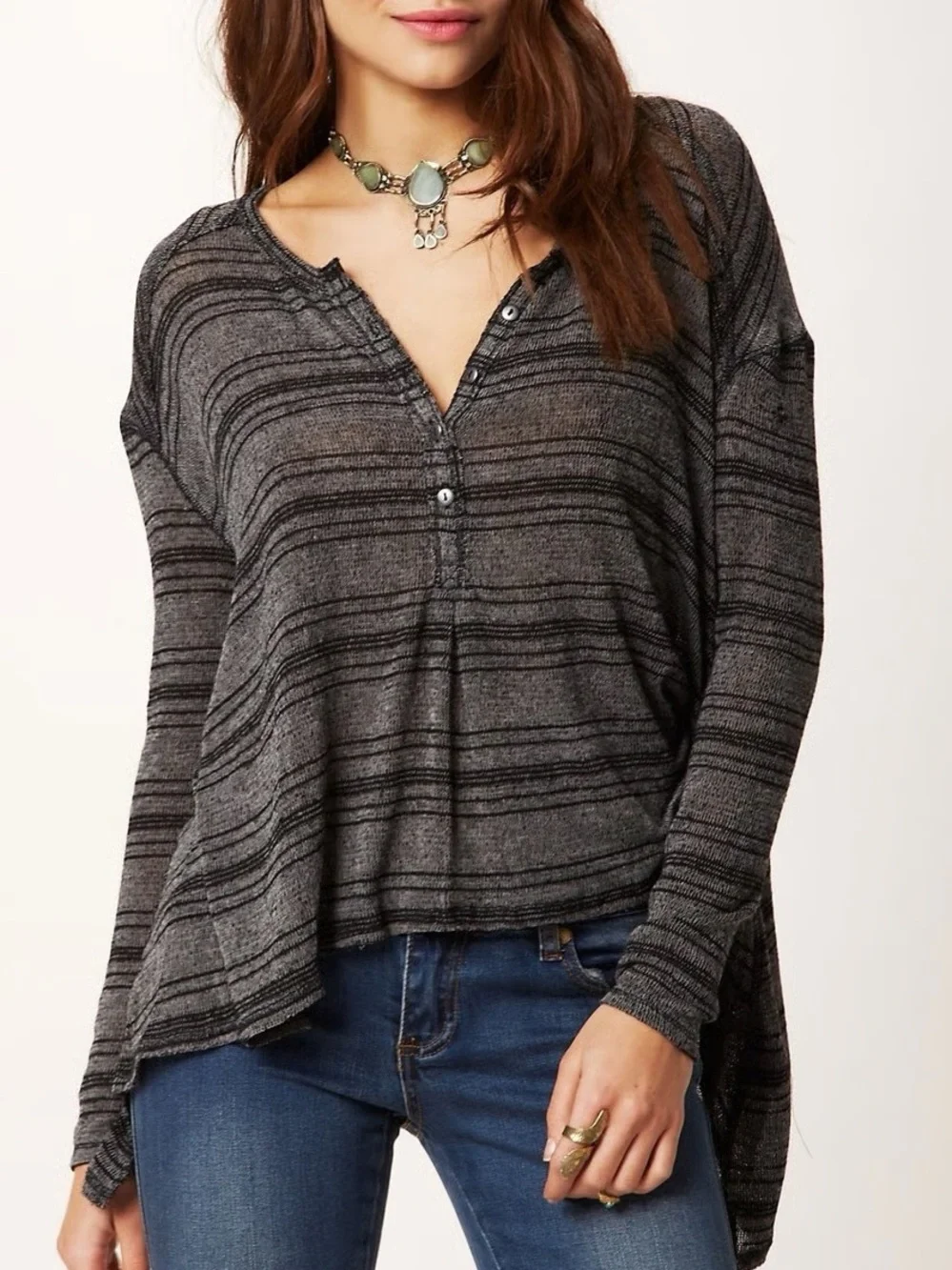 Free People “We the Free” Striped High-Low Long Sleeve Henley Top - Gray